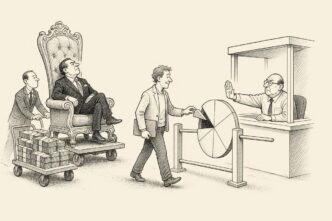 A tax-office clerk checks a founder’s small share-token at a pie-chart turnstile, while a grand hired CEO on a throne and a trolley of cash are refused entry.