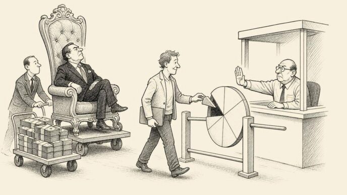 A tax-office clerk checks a founder’s small share-token at a pie-chart turnstile, while a grand hired CEO on a throne and a trolley of cash are refused entry.