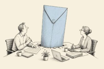 A modest Dutch meeting room. A huge unmarked blue envelope stands embedded through the conference table like a monument. A small-business owner and bookkeeper sit around it with payroll papers, a laptop and coffee cups, trying to work as