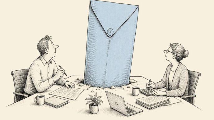 A modest Dutch meeting room. A huge unmarked blue envelope stands embedded through the conference table like a monument. A small-business owner and bookkeeper sit around it with payroll papers, a laptop and coffee cups, trying to work as
