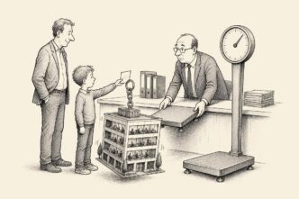 A child presents a small certificate at a tax counter, but an entire office building hangs from it like a key ring while an inspector weighs it on an industrial scale.