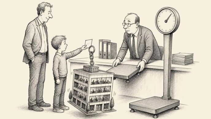 A child presents a small certificate at a tax counter, but an entire office building hangs from it like a key ring while an inspector weighs it on an industrial scale.