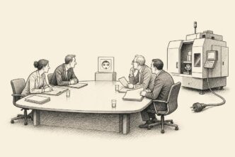 A Dutch boardroom meeting where a wall socket sits at the head of the table like a chairperson. Businesspeople present papers to it while an unplugged factory machine waits nearby.