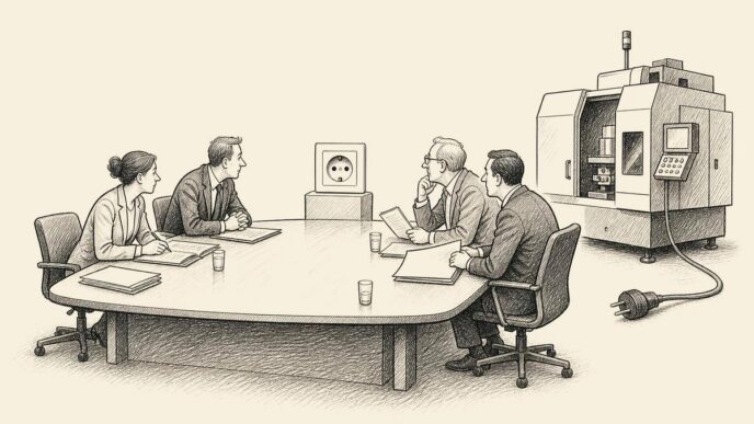 A Dutch boardroom meeting where a wall socket sits at the head of the table like a chairperson. Businesspeople present papers to it while an unplugged factory machine waits nearby.