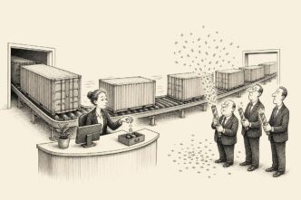 A small Dutch office reception with shipping containers moving through on a conveyor belt from one door to another, while a single coin drops into a tiny cash drawer.