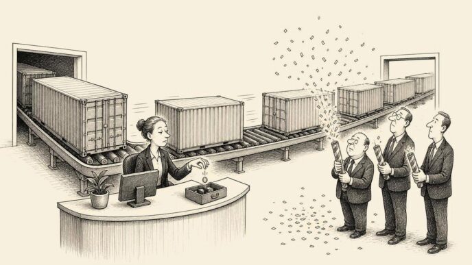 A small Dutch office reception with shipping containers moving through on a conveyor belt from one door to another, while a single coin drops into a tiny cash drawer.