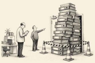 An inspector examines a clipboard in a small office where a tall stack of compliance binders is surrounded by safety cones and blocks the emergency exit, while the owner gestures toward it.
