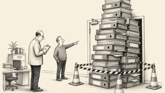 An inspector examines a clipboard in a small office where a tall stack of compliance binders is surrounded by safety cones and blocks the emergency exit, while the owner gestures toward it.