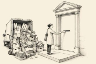 A woman in business clothes holds one form at a sleek tax-office door with a narrow slot. A huge pile of document boxes and binders towers behind her on the pavement.