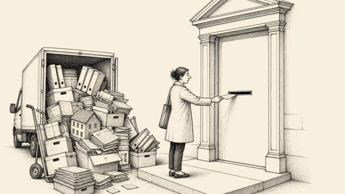 A woman in business clothes holds one form at a sleek tax-office door with a narrow slot. A huge pile of document boxes and binders towers behind her on the pavement.