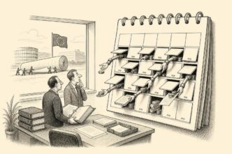A small Dutch office is dominated by a giant wall calendar whose date squares act like cash drawers demanding money. A business owner and tax adviser look at it nervously while distant officials outside struggle with an unfinished