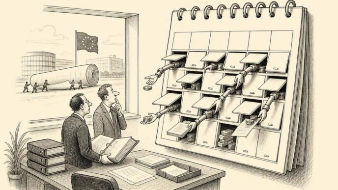 A small Dutch office is dominated by a giant wall calendar whose date squares act like cash drawers demanding money. A business owner and tax adviser look at it nervously while distant officials outside struggle with an unfinished