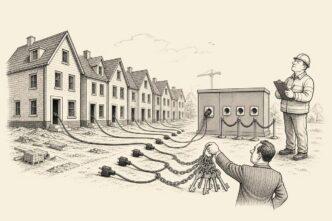 Finished new houses on a building site wait in a line to plug into a single utility socket, while a grid worker controls access and a developer holds keys attached to the unplugged cables.