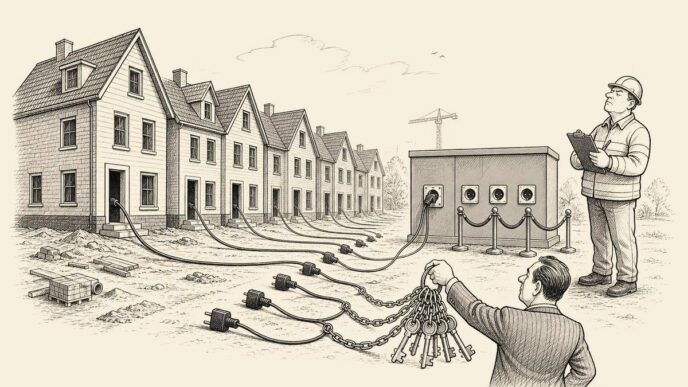 Finished new houses on a building site wait in a line to plug into a single utility socket, while a grid worker controls access and a developer holds keys attached to the unplugged cables.