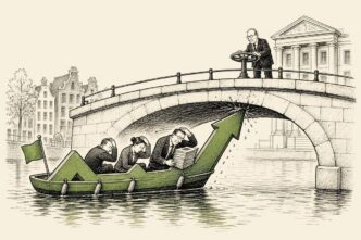 A stock-chart-shaped canal boat carrying businesspeople moves under an unusually low stone bridge; passengers duck as documents and a tiny celebration flag hit the bridge.