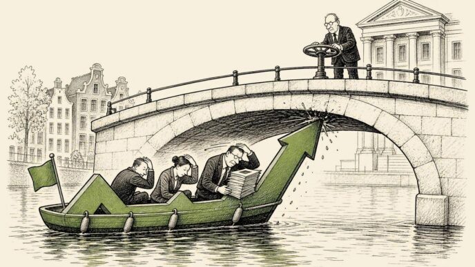 A stock-chart-shaped canal boat carrying businesspeople moves under an unusually low stone bridge; passengers duck as documents and a tiny celebration flag hit the bridge.