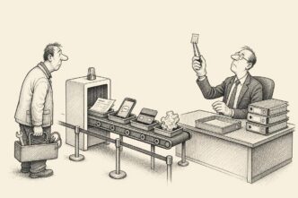In a sober accountancy office, a business owner feeds paperwork and a smartphone through a security scanner while an accountant inspects a receipt with tongs.
