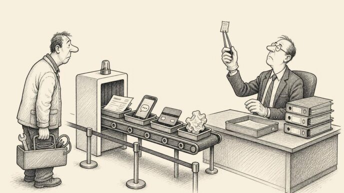 In a sober accountancy office, a business owner feeds paperwork and a smartphone through a security scanner while an accountant inspects a receipt with tongs.
