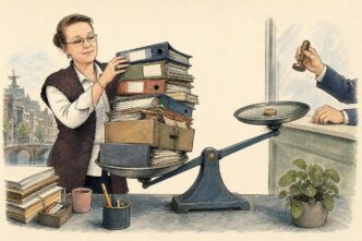 Linda stands at an office desk transformed into a large weighing scale. A small refund coin sits on one side, while she piles binders and archive boxes on the other. Behind a public-counter window, only an official’s hands are visible,