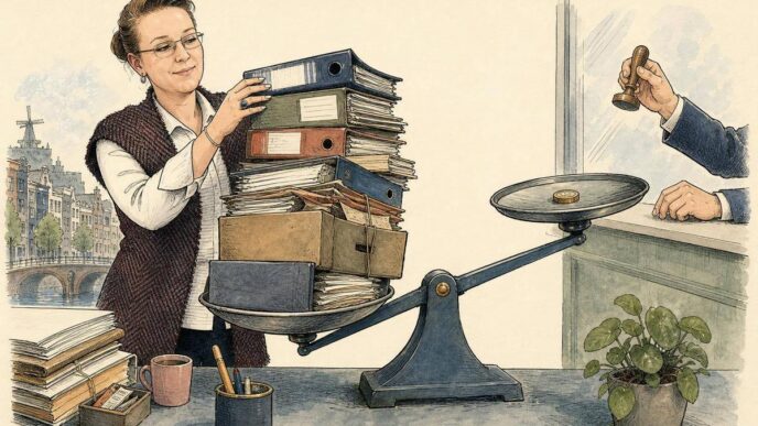 Linda stands at an office desk transformed into a large weighing scale. A small refund coin sits on one side, while she piles binders and archive boxes on the other. Behind a public-counter window, only an official’s hands are visible,