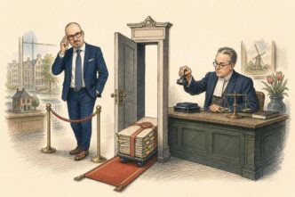 Paolo Maria, bald with dark rectangular glasses, moustache and goatee, in a navy business suit, waits in a Dutch notary office while an enormous folder of proof is ushered through a tiny open door before him. A notary desk, stamp pad, and
