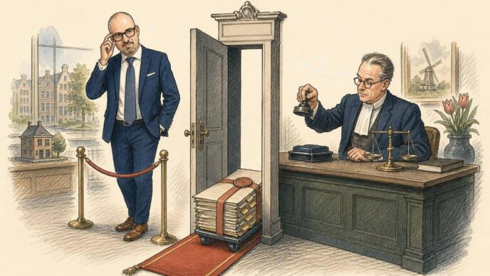 Paolo Maria, bald with dark rectangular glasses, moustache and goatee, in a navy business suit, waits in a Dutch notary office while an enormous folder of proof is ushered through a tiny open door before him. A notary desk, stamp pad, and