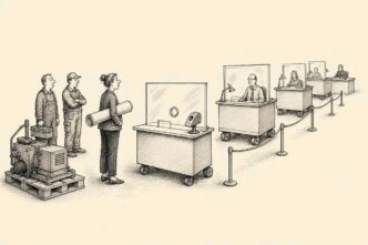 In a Dutch public office hall, a business owner with an industrial machine on a pallet waits at an empty service counter. The counter itself, with its clerk still seated behind glass, is on wheels and queues at another counter, which