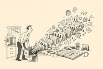 In a modest Dutch office, a business owner opens a payroll drawer and a huge pension dossier bursts out like a jack-in-the-box, scattering forms and office tasks while the owner recoils.