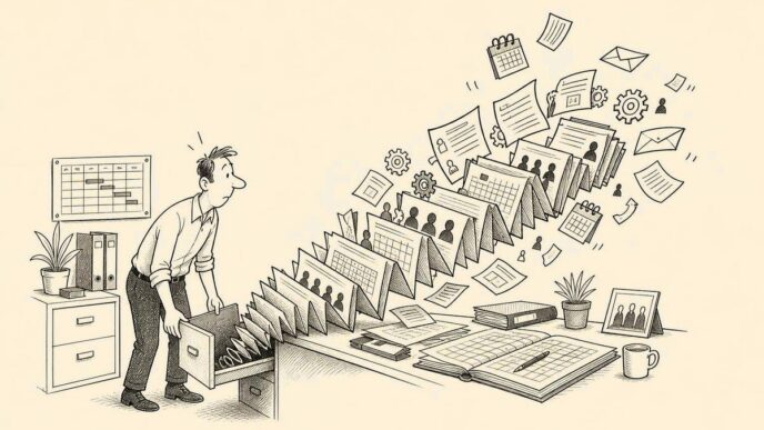 In a modest Dutch office, a business owner opens a payroll drawer and a huge pension dossier bursts out like a jack-in-the-box, scattering forms and office tasks while the owner recoils.