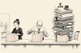 A Dutch webshop packing table with three identical parcels receiving wildly different administrative treatment, including one buried under blank tax paperwork.
