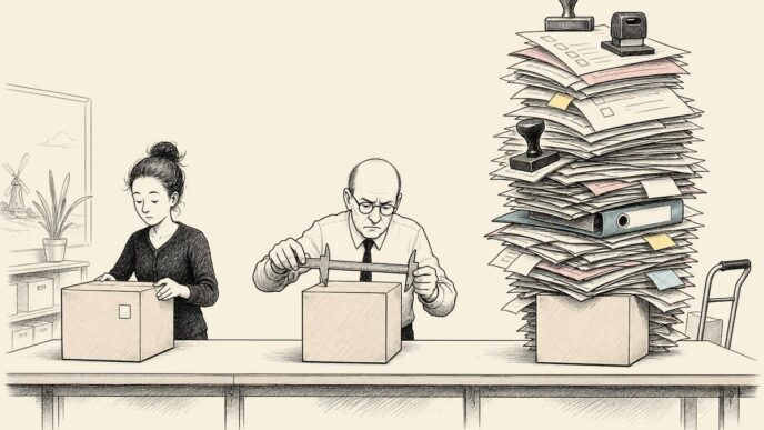 A Dutch webshop packing table with three identical parcels receiving wildly different administrative treatment, including one buried under blank tax paperwork.