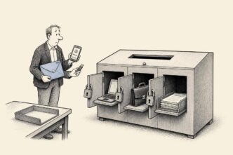 A restrained office scene with a grey filing cabinet pretending to be a single inbox, but split into three locked compartments leading to paper mail, a portal laptop, and a bookkeeper’s case. A small business owner holds mismatched access