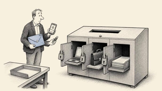 A restrained office scene with a grey filing cabinet pretending to be a single inbox, but split into three locked compartments leading to paper mail, a portal laptop, and a bookkeeper’s case. A small business owner holds mismatched access