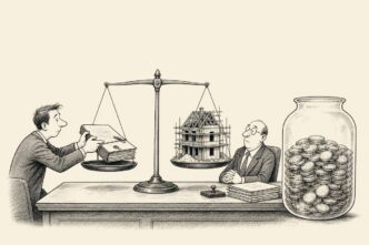An accountant watches a balance scale where a signed house-purchase contract is offset by a tiny unfinished house, while a separate oversized jar of coins remains fully visible on the desk.