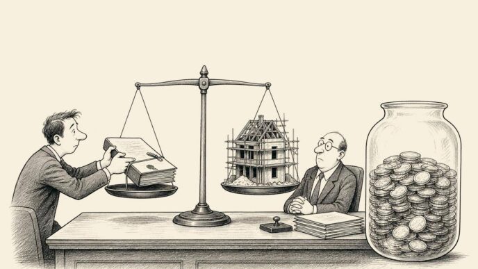 An accountant watches a balance scale where a signed house-purchase contract is offset by a tiny unfinished house, while a separate oversized jar of coins remains fully visible on the desk.
