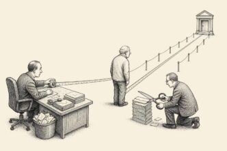 In a plain office corridor, payroll measures the gap between an older employee and a retirement door while a tax official prepares to cut money from envelopes.