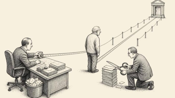 In a plain office corridor, payroll measures the gap between an older employee and a retirement door while a tax official prepares to cut money from envelopes.
