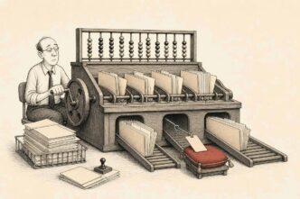 A tax-office clerk uses an antique wooden sorting machine to divert one small folder for inspection because of a minor irregularity, while many other folders continue past.