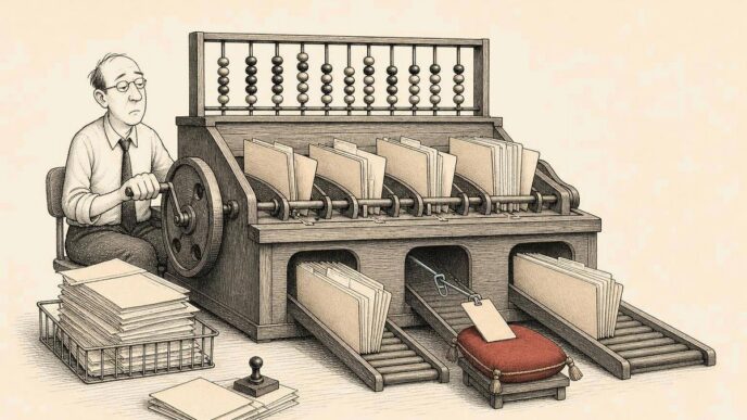 A tax-office clerk uses an antique wooden sorting machine to divert one small folder for inspection because of a minor irregularity, while many other folders continue past.