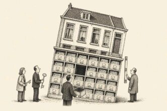 A terraced house leans because one drawer is missing from the filing-cabinet foundation beneath it, while financial and tax professionals inspect the damage.