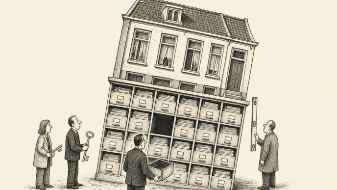 A terraced house leans because one drawer is missing from the filing-cabinet foundation beneath it, while financial and tax professionals inspect the damage.