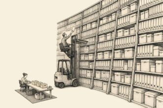 A small webshop workspace is overwhelmed by a huge archive of binders, while only a few parcels wait on a cramped packing table.