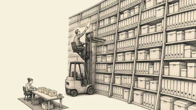 A small webshop workspace is overwhelmed by a huge archive of binders, while only a few parcels wait on a cramped packing table.