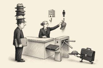 A tax-office cloakroom counter shows a founder with multiple hats. A clerk separates one personal hat from the business folder and hangs it on a different hook, while the founder’s company briefcase tries to pull it back.