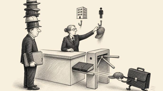 A tax-office cloakroom counter shows a founder with multiple hats. A clerk separates one personal hat from the business folder and hangs it on a different hook, while the founder’s company briefcase tries to pull it back.