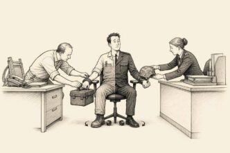 Single-panel cartoon in a Dutch office setting: a small business owner and a government clerk calmly equip the same seated technician for two jobs at once, leaving him stuck between their desks.