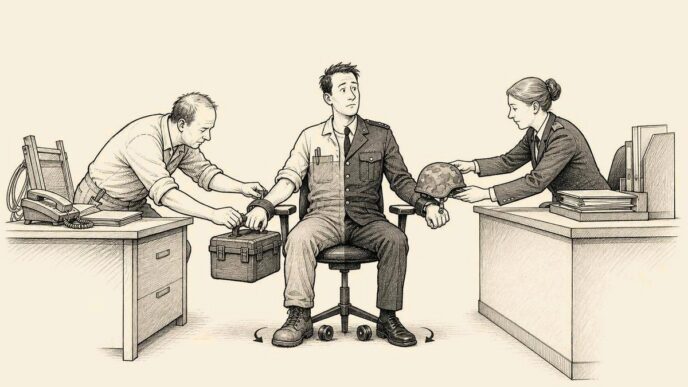 Single-panel cartoon in a Dutch office setting: a small business owner and a government clerk calmly equip the same seated technician for two jobs at once, leaving him stuck between their desks.