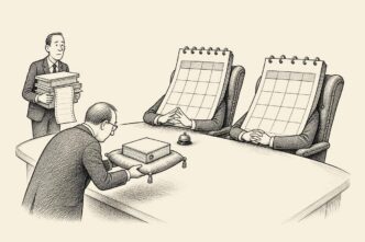 A boardroom scene where two giant calendar pages occupy the directors’ chairs while a finance director presents them with a folder and managers wait with payroll and supplier papers.
