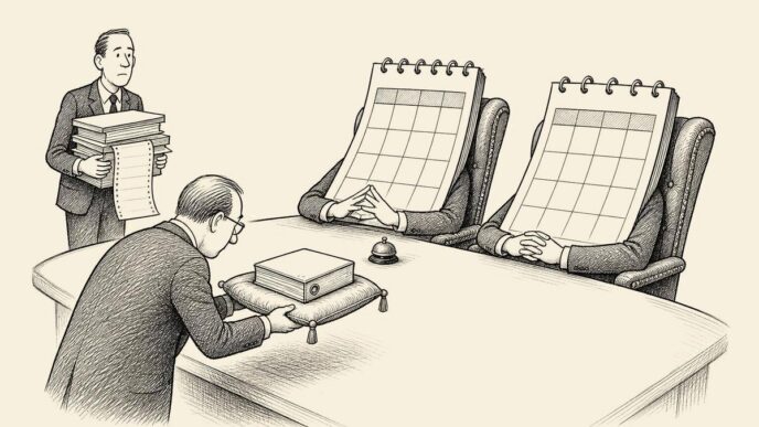 A boardroom scene where two giant calendar pages occupy the directors’ chairs while a finance director presents them with a folder and managers wait with payroll and supplier papers.
