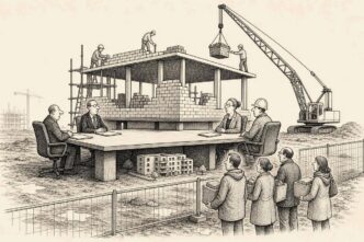 An empty Dutch construction site where workers are building an enormous boardroom table instead of homes. Officials sit around it with folders, a tiny model apartment block is under the table, and potential buyers wait at the fence.